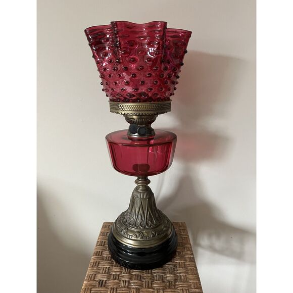 1800s Antique Victorian Cranberry Glass Oil Lantern Converted Table Parlor Lamp - Picture 1 of 13
